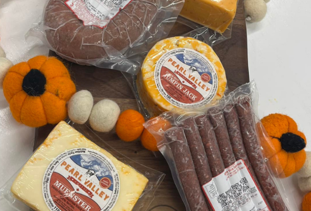 Meat and Cheese spread with HVF Cutting Board and Pumpkin Garlin