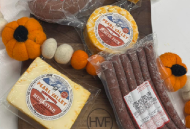 Meat and Cheese spread with HVF Cutting Board and Pumpkin Garlin